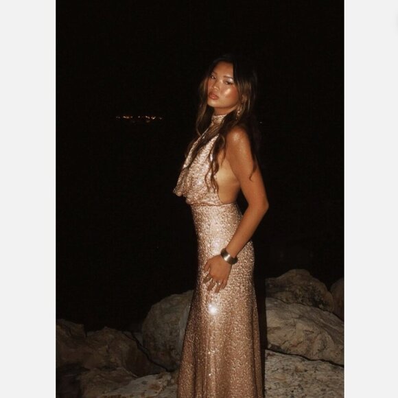 Zara Sequin Halter Maxi Dress NWT Beige Pink Size Medium - Picture 6 of 16